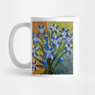 blue flowers paint on a Bush set against a colorblock background. . Mug